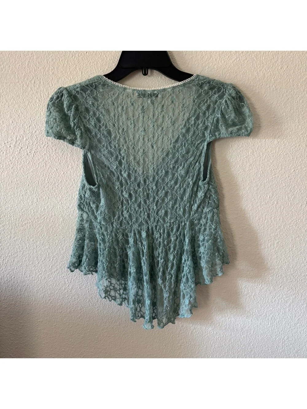 Blue Sheer Lace V neck Babydoll Angelcore Asymmetric Top S Y2K Ethereal Coquette - Picture 2 of 7